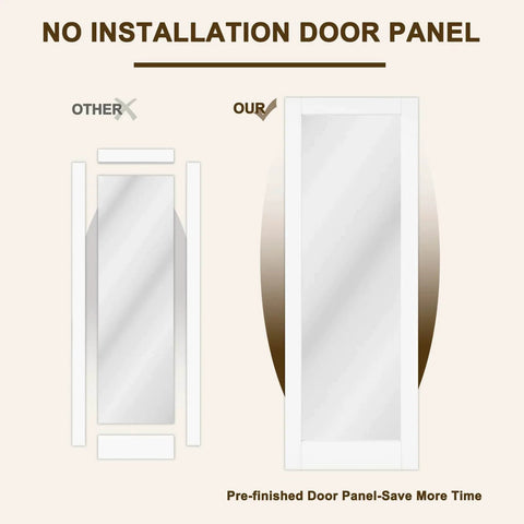 Illustration comparing an installation-free, prefabricated Space-Saving Barn Door With White Primed Glass Mirror Panel And Solid Wood Frame.