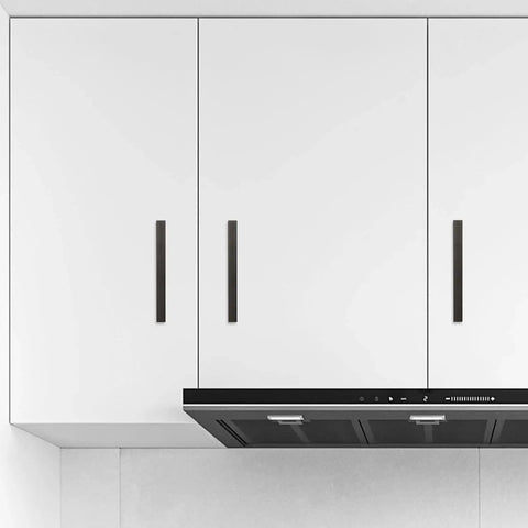 Matte Black Cabinet Pulls 5 Inch Center To Center Aluminum Drawer Handles Set Of 10 installed on white kitchen cabinets.