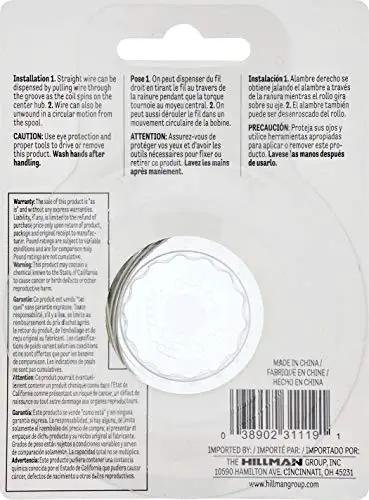 Back of Heavy-Duty 19 Gauge Stainless Steel Wire, 30-Foot Display Pack By Hillman showing installation instructions and warnings.