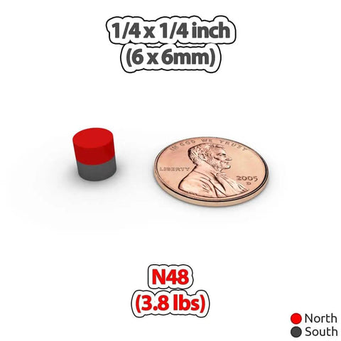 Strong Neodymium Magnets 1/4 x 1/4 Inch Round Discs 6 x 6mm N48 Grade 3.8 Lbs Pull next to a penny for size comparison.