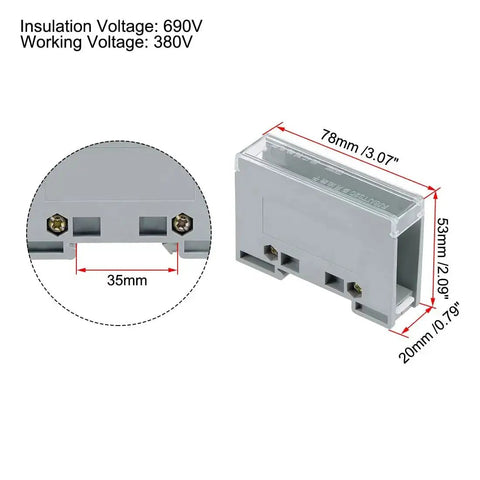 One In Six Out DIN Rail Terminal Block with clear protective cover, dimensions marked, for easy installation on 35mm rail.