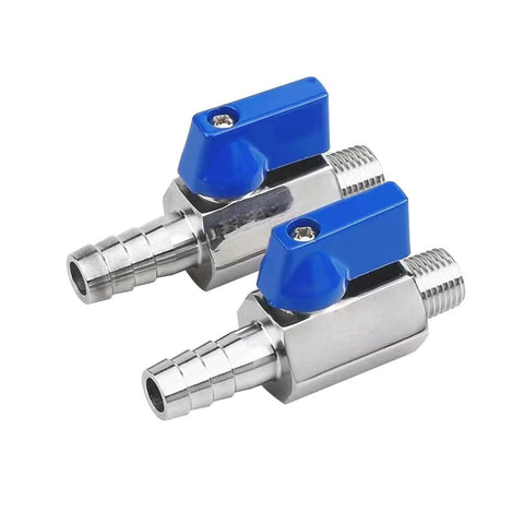 Stainless steel shut-off ball valve with blue lever; 1/4in NPT male to 1/4in hose barb, pack of 2