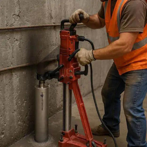 Heavy Duty Diamond Core Drill Bit For Hard Concrete And Brick 3 Inch With 1 1/4 7 UNC Arbor, used for drilling a concrete wall.