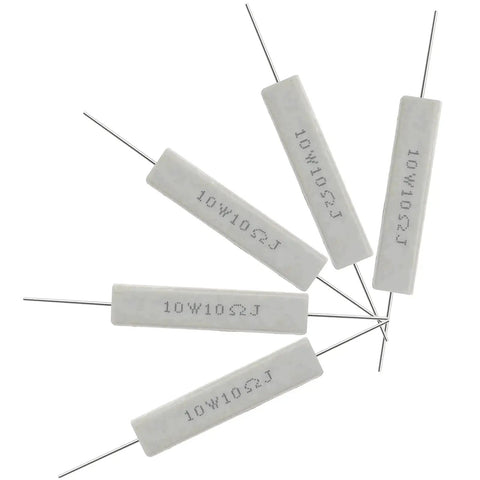Front view of ten white cement power resistors (10W, 10Ω) with metal leads