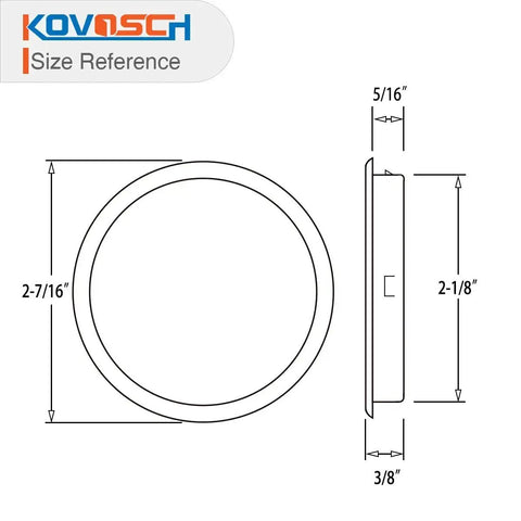 Size diagram of Six Pack Black Round Sliding Closet Door Finger Pulls 2-1/8 Inch Diameter With Snap In Installation Universal Mortise Cup Pulls