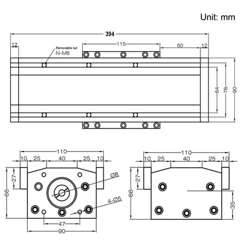 Technical diagram of Two Hundred Millimeter Travel Fully Enclosed Dual Linear Stage Actuator with dimensions