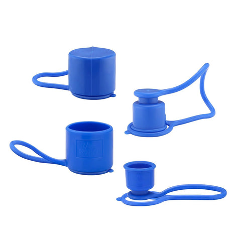 Blue rubber dust caps for 1/2 in flat-face hydraulic quick-connect couplers; four sets with lanyards.
