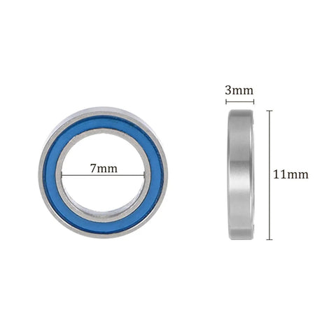 10 Pack MR117-2RS Chrome Steel Deep Groove Ball Bearings 7x11x3mm double sealed, front and side view showing dimensions.
