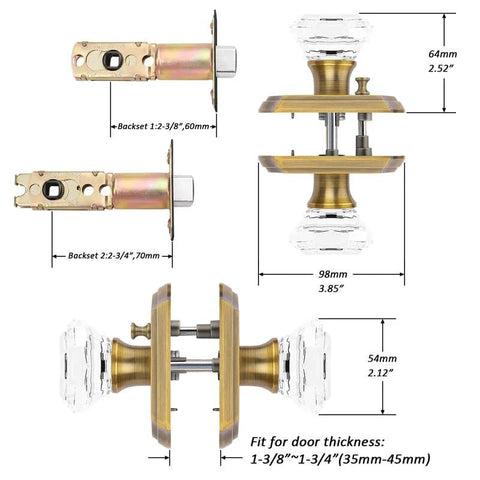 Octagonal Crystal Door Knobs Set Five Pack With Privacy Lock For Bedroom And Bathroom, Antique Bronze Rosette Finish