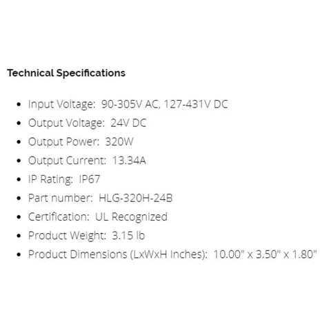 Beefy 320W 24V DC LED Driver Power Supply With Dual Mode CV And CC Output, Waterproof IP67, technical specifications