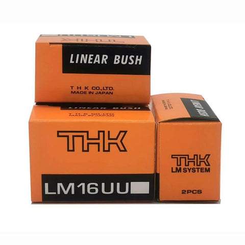 THK LM16UU Linear Bearing Bushing box, orange packaging with logos and text indicating 2 pieces, for straight cylindrical guides.