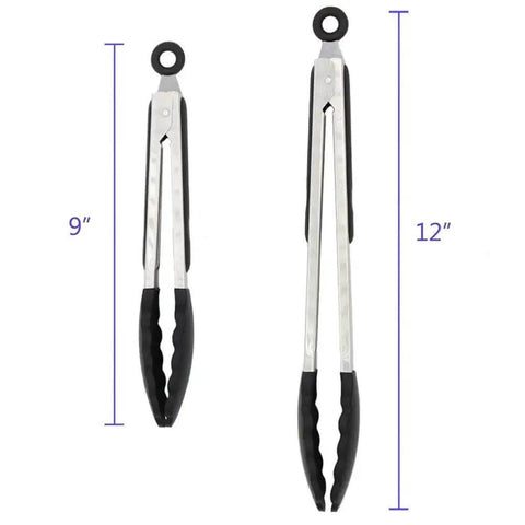 Two Pack Black Kitchen Tongs Set Pro Grade Silicone BPA Free Nonstick Stainless Steel BBQ Grilling Tongs With Locking Mechanism 9 Inch And 12 Inch Non Slip Handles Heat Resistant Up To 500 Degrees