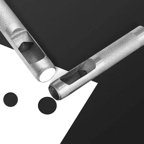 16mm Hollow Hole Punch For Leather Craft Round Carbon Steel Punch Tool With Knurled Handle shown with cut material sample