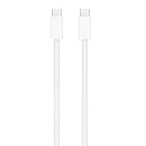 Front view of Apple 240W USB C To USB C Woven Charge Cable 2m for fast charging and data, showing connectors and braided material.