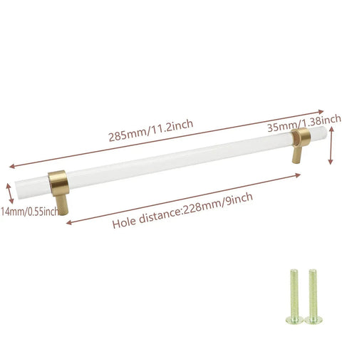 Brushed Brass And Clear Acrylic Cabinet Pulls, Modern T Bar Design, 11.2 Inch Total Length, 9 Inch Hole Center, with screws