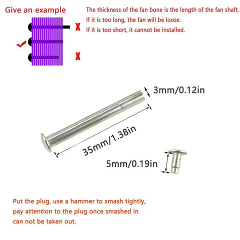 Eight Pack Folding Fan Axle Rivet Nails and Nut Repair Kit 35mm Replacement Fasteners with dimensions displayed