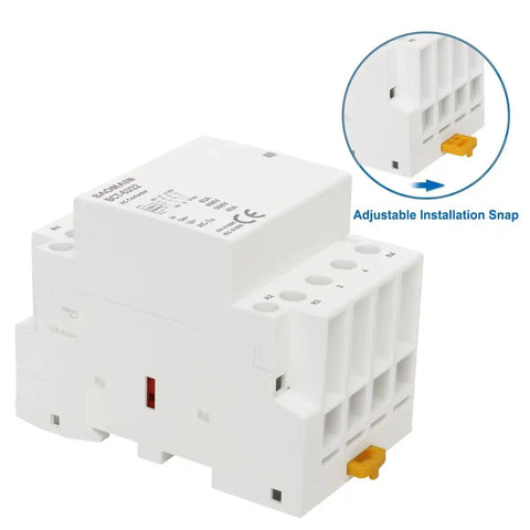 110V AC 4 Pole Modular Contactor Built For 63A Rating And 2NO 2NC Normally Open And Normally Closed Contacts For Forward And Reverse Motor Control Din Rail Mount For HVAC Motor Pump And Lighting Control, shown with adjustable snap feature.