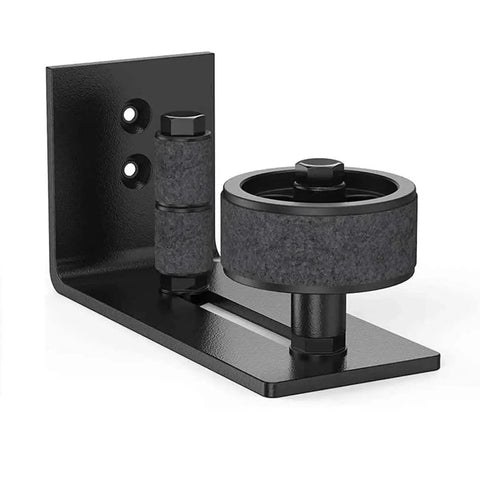 Two Piece Adjustable Floor Guide For Sliding Barn Doors With Eight Setup Options Low Profile Flush Bottom Design Carbon Steel And POM Nylon Matte Black Finish