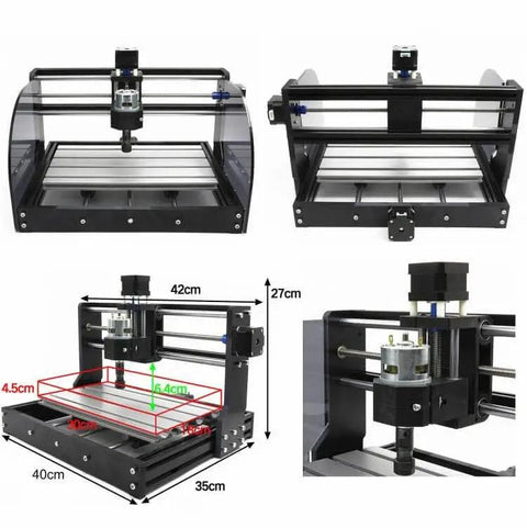 3 Axis Desktop CNC Router Kit For Wood PCB PVC Milling And Engraving With Offline Controller No Computer Needed GRBL Control USB Interface Mini DIY Engraver Machine For Beginners showing dimensions and close-up of engraver