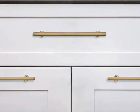 10 Pack 5 Inch Center To Center Champagne Bronze Satin Brass Cabinet Pulls on white cabinets, installed view