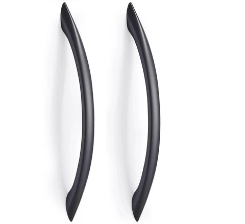 Two matte black arch drawer pulls from 30 Pack Matte Black Cabinet Handles 5 Inch 128mm Screw Spacing, showing sleek modern design.