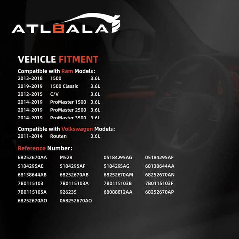 Vehicle fitment chart for Oil Pump With 926-235 Solenoid Valve Drop In Replacement highlighting compatible Ram and Volkswagen models.