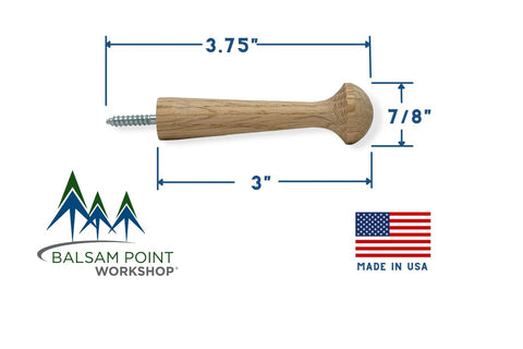 3 Inch Oak Hardwood Shaker Pegs With Screw On Hanger Bolt showing dimensions, made in USA, Balsam Point Workshop branded