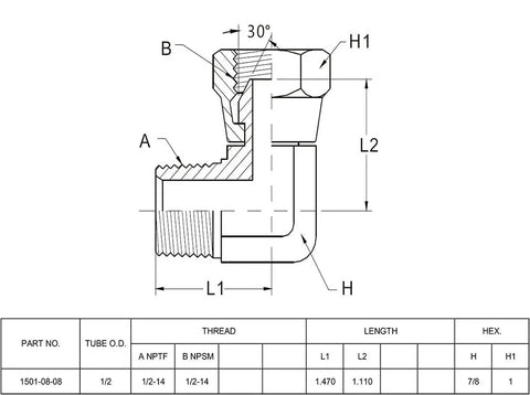 Technical drawing of Two Pack 1501-08-08 Hydraulic Hose Adapter Fitting 1/2 Inch Male 1/2-14 NPTF To 1/2 Inch Female 1/2-14 NPSM Swivel 90 Degree Elbow SAE Pipe Joint Connector Carbon Steel Beiterstoe USA illustrating dimensions and thread details