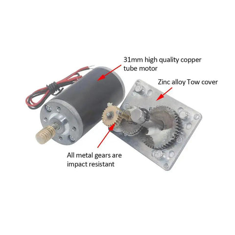 DC 12V Gear Motor With 50 RPM Output, High Torque Reduction Electric Motor showing open gearbox with metal gears and 8mm shaft.