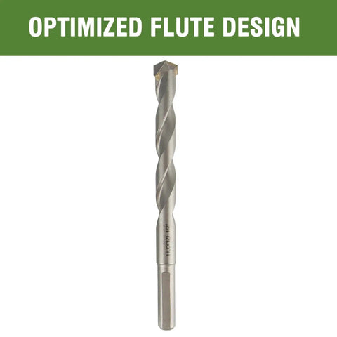 Front view of Half Inch By Eight Inch Masonry Drill Bits Carbide Tipped For Concrete Brick Stone Hammer Drill Bits With 3 Flat Shank Long Life And Efficient Flute Design