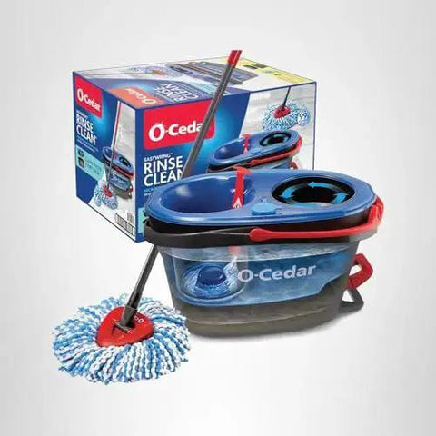 RinseClean Spin Mop And Bucket System For Clean Water Mopping Lets You Clean With Clean Water From Start To Finish Removes 99 Percent Of Bacteria With Just Water Built In Foot Pedal For Hands Free Wringer And Easy Rinse in front of packaging box