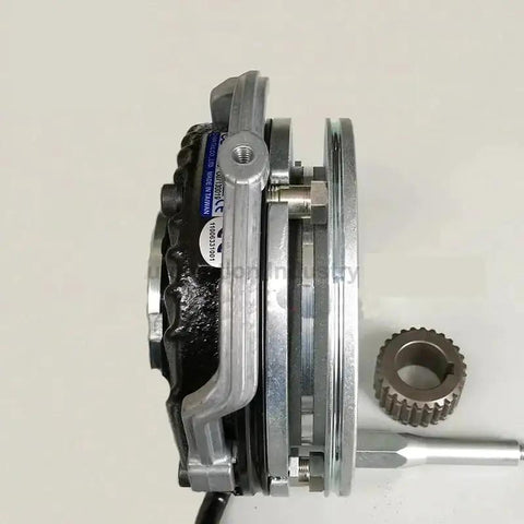 Electromagnetic clutch and brake assembly with silver metal housing and gear ring; 15mm bore.