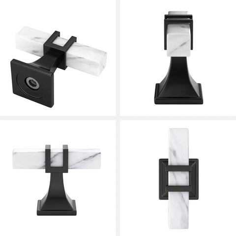 Ten Pack White Marble Grain Kitchen Cabinet Knobs with Black T Bar Hardware shown in various angles