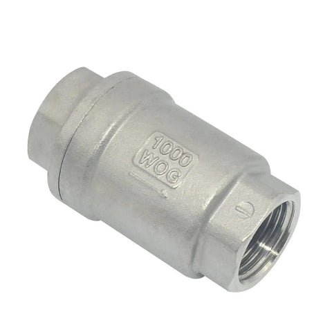 1/2 in NPT female inline check valve, stainless steel SS316 CF8M, spring-loaded, 1000 WOG