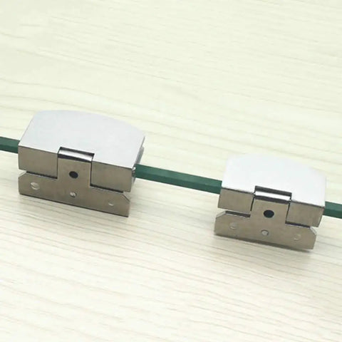 Close-up of stainless steel glass door hinge pivot clamps for bathroom cabinets and showcases, soft close, heavy duty 6-8.76mm and 5-8mm fits.
