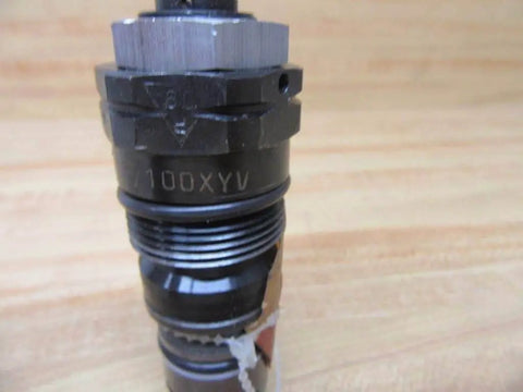 Close-up of Single pilot-operated pressure relief valve DB20K2-12/100XYV 100 bar hydraulic safety regulator, compact design.