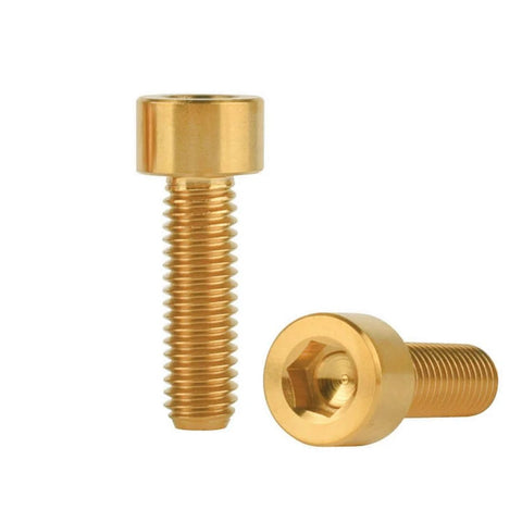 Gold bolts showing side and top views, Titanium M6x20 Socket Allen Hex Bolts For Bicycle Disc Brake Caliper Adapter Screws 4 Pack