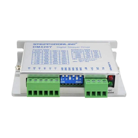 Front view of Digital Stepper Motor Driver DM420Y for Nema 14 17 23 Motors showing input ports and settings chart