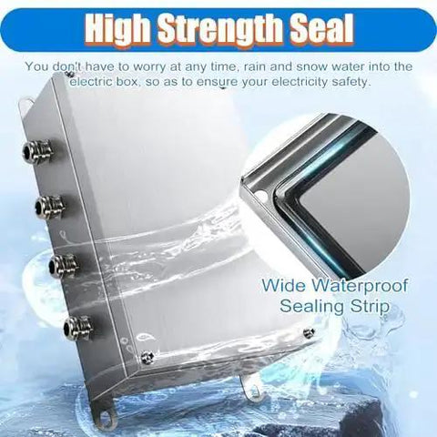 Weatherproof 304 Stainless Steel Junction Box with 3 cable glands and high strength waterproof seal, outdoor use focused view