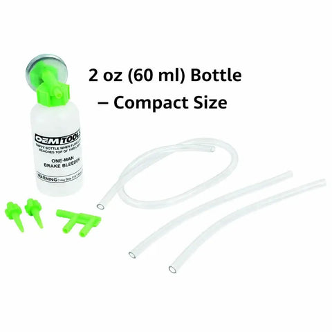 OEMTOOLS Bleed-O-Matic One-Man Brake Bleeder Kit: white opaque bottle, clear hoses, neon-green fittings