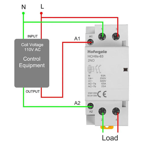 Diagram of AC Contactor 63A 2 Pole Workhorse with wiring, 110V coil, mounted on 35mm DIN rail showing input and load connections.
