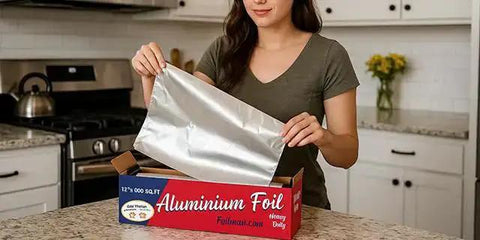 Woman using Heavy Duty Aluminum Foil Roll With Sturdy Corrugated Cutter Box For Thick Food Safe Wrap in kitchen