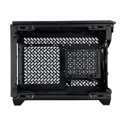Side view of NR200P V3 Mini ITX Case Dope Compact Build With Top Mount 280mm Radiator, featuring mesh side panel and removable backplate.