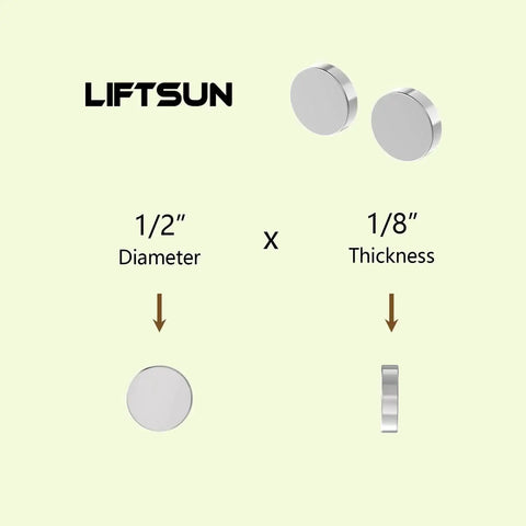 Two Liftsun neodymium disc magnets, 1/2 in diameter and 1/8 in thick, shown front and side views.