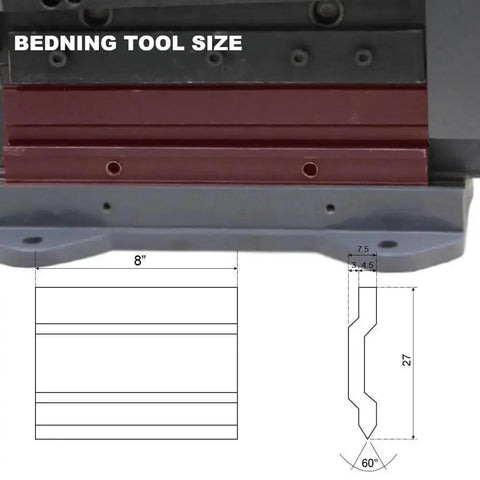 Diagram and dimensions of Compact 8 Inch Manual Sheet Metal Shear And Brake Combo For 20 Gauge Steel 90 Degree Bends Space Saving Tool.