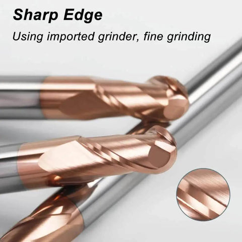 Close-up of Ball Nose Carbide End Mills Set For CNC Router Bits, 5pcs 1 To 4mm With 2 Flute Spiral Design, HRC55 AlTiN Coated For Tough Wear.