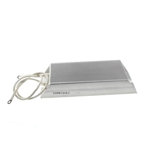 RXLG 200W aluminum-cased fixed resistor, side view with cooling fins and white lead wires