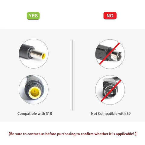 Comparison of power adapter plugs showing compatibility with S10 and incompatibility with S9