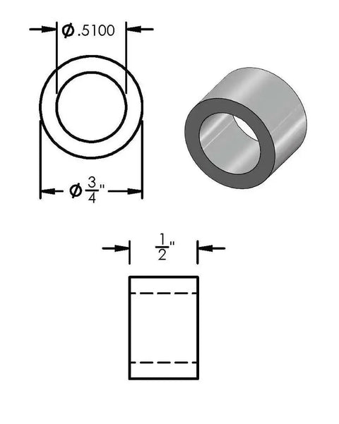 Diagram showing Aluminum Spacer 3/4 In Outer Diameter, 1/2 In Inner Diameter, Round Unthreaded Standoff Bushing, Plain Finish, Choose Length.