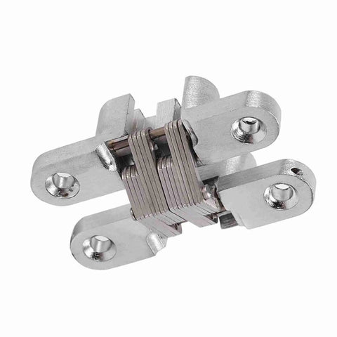 Close-up of 180 Degree Zinc Alloy Invisible Folding Door Hinges for Cabinets and Sliding Doors, rustproof stainless steel cross hidden hinges.